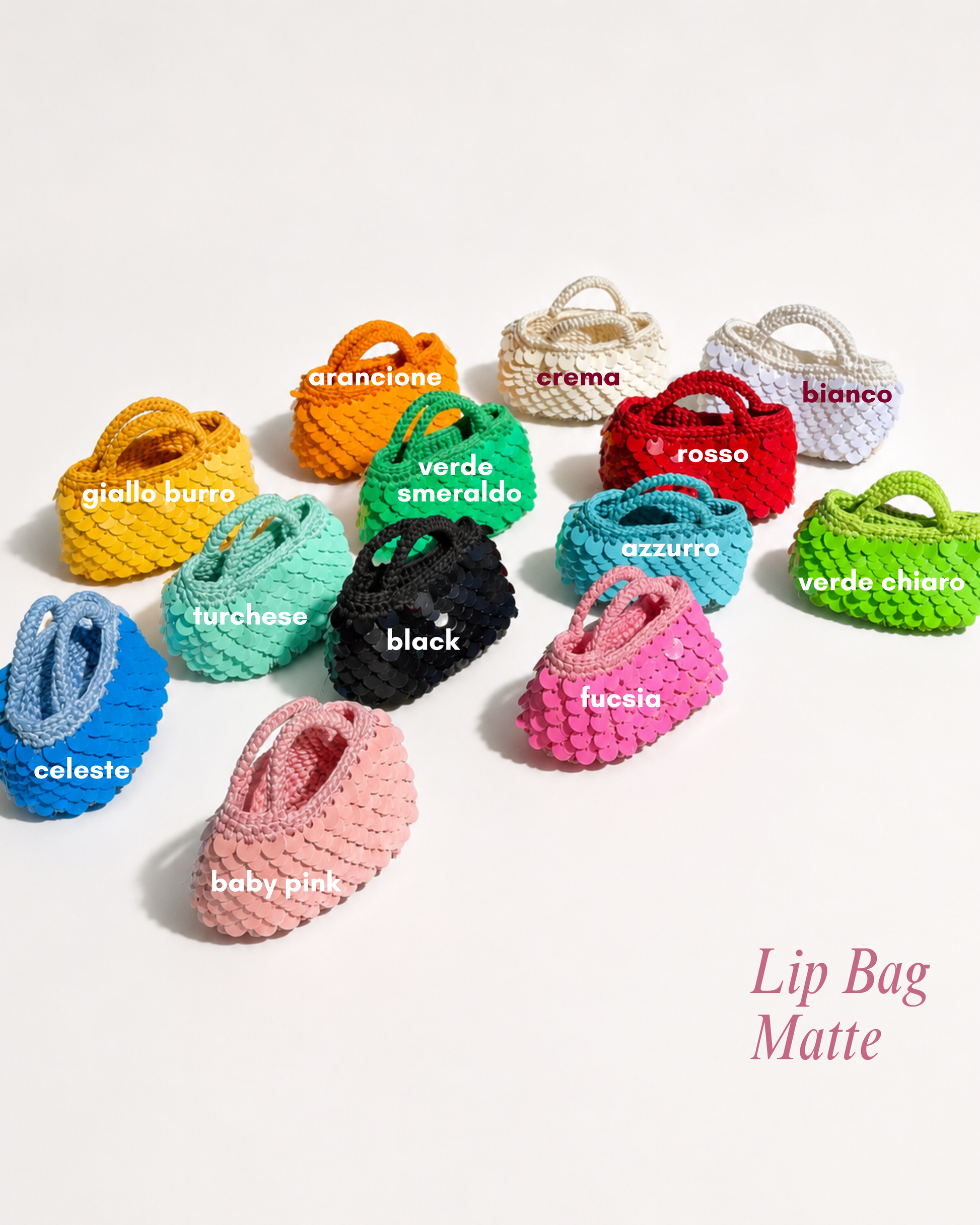 BORSA crochet kit trucco con tinta labbra love potion lip tint paillettes limited edition cosmetics vegan make-up skincare