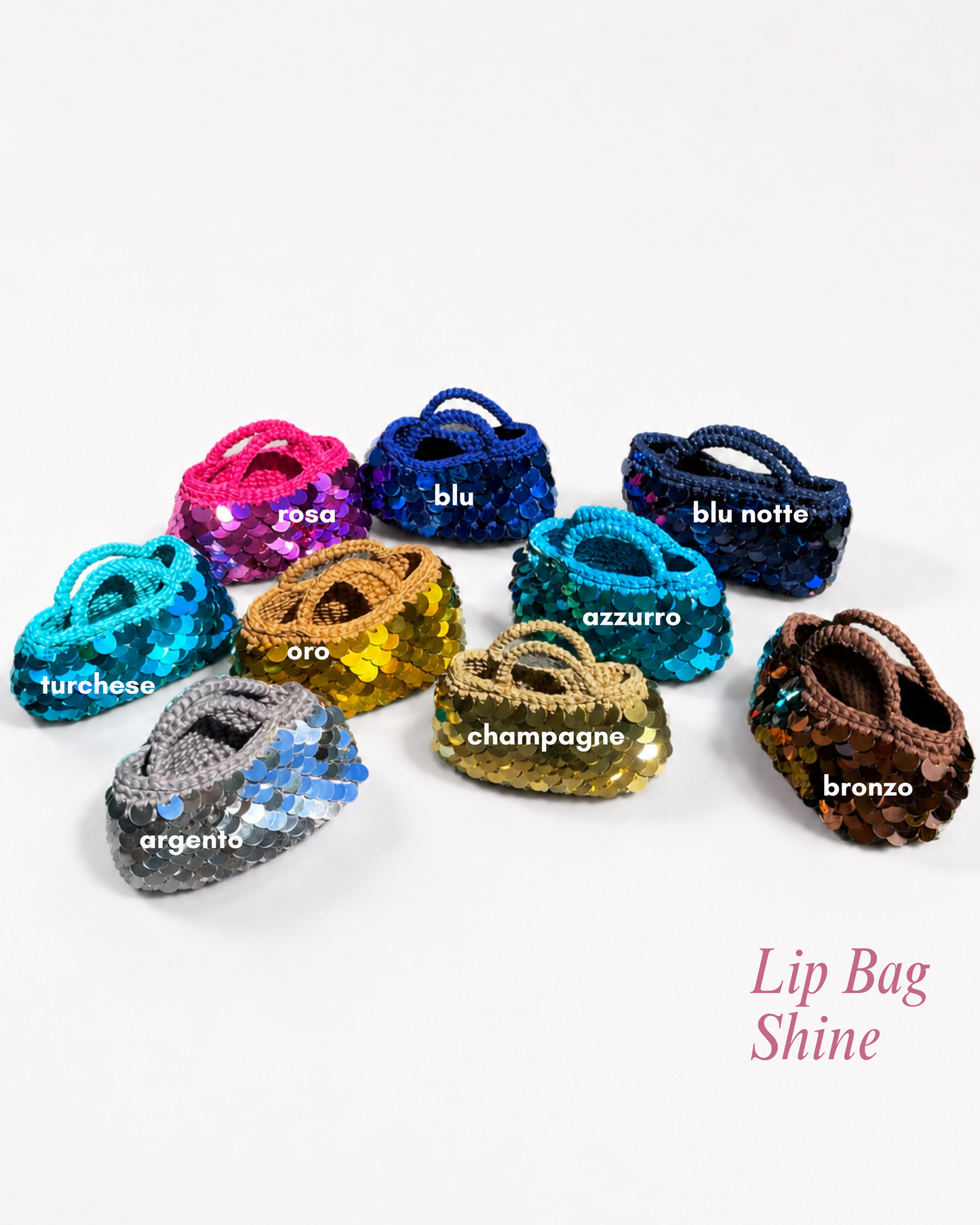 BORSA crochet kit trucco con tinta labbra love potion lip tint paillettes limited edition cosmetics vegan make-up skincare