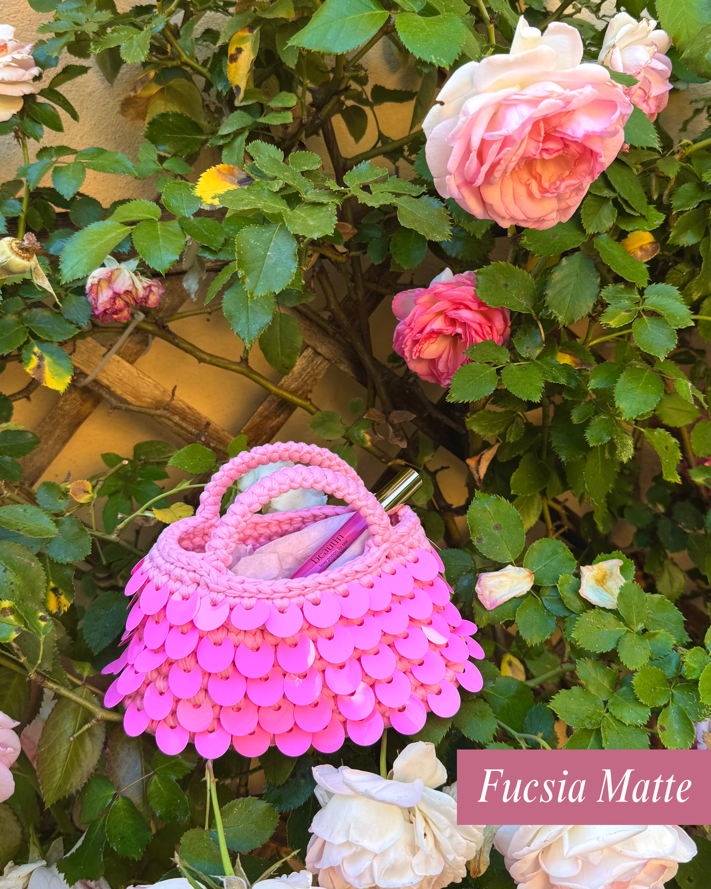 BORSA crochet kit trucco con tinta labbra love potion lip tint paillettes limited edition cosmetics vegan make-up skincare