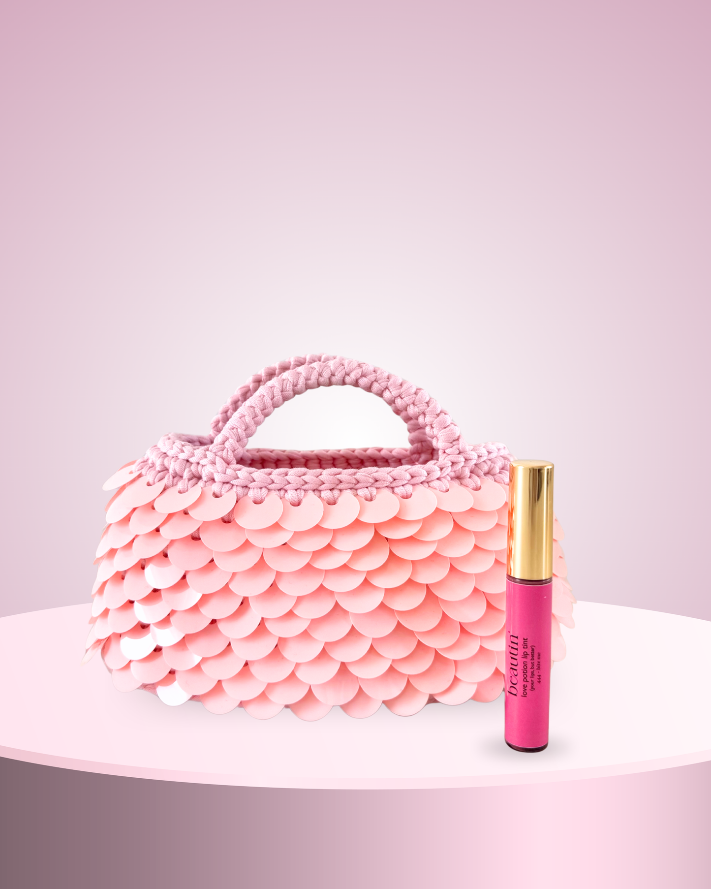 BORSA crochet kit trucco con tinta labbra love potion lip tint paillettes limited edition cosmetics vegan make-up skincare