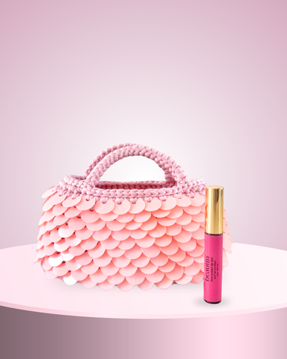 BORSA crochet kit trucco con tinta labbra love potion lip tint paillettes limited edition cosmetics vegan make-up skincare